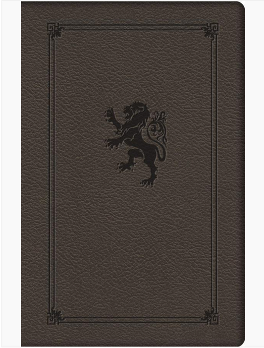 Dark brown leather book with a lion emblem on a white background