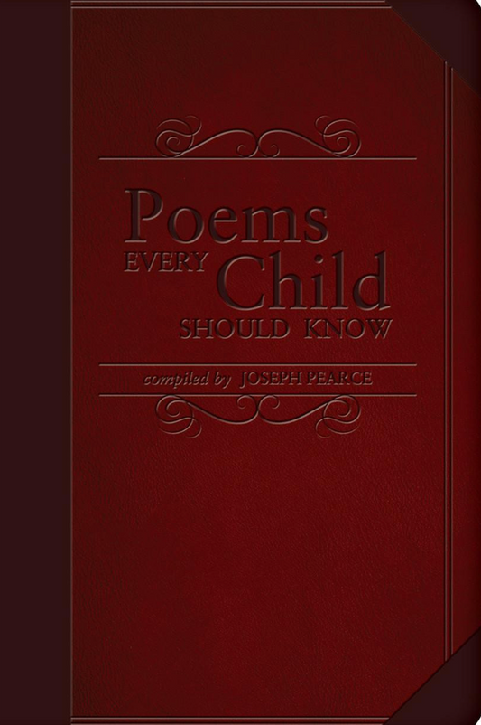Red book titled 'Poems Every Child Should Know' compiled by Joseph Pearce on a brown background