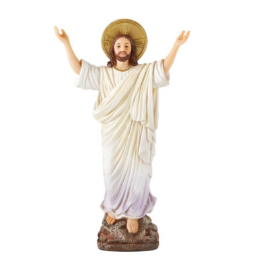 Jesus in white robes standing on rock with golden halo 
