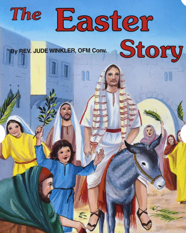 Book cover of 'The Easter Story' with illustrations of Jesus and followers.