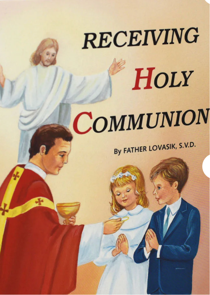 Book cover of 'Receiving Holy Communion' by Father Lovasik, S.V.D., featuring a religious illustration.