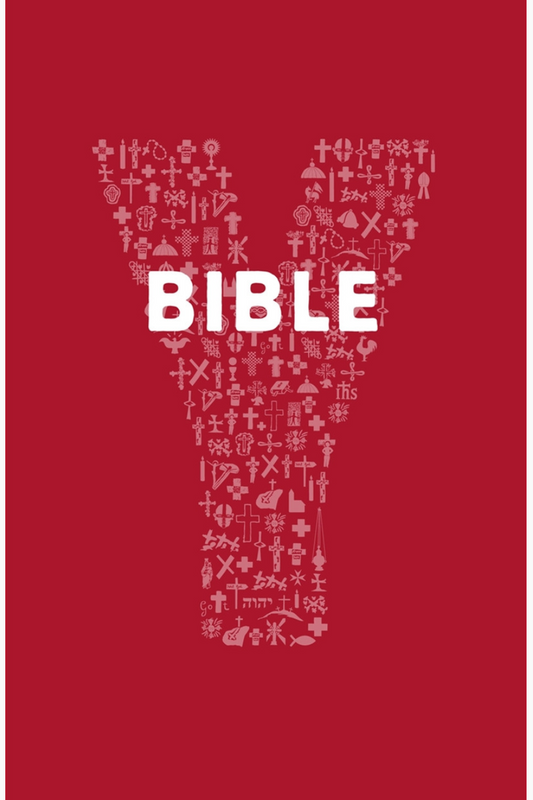 Red Bible cover with white text and symbols