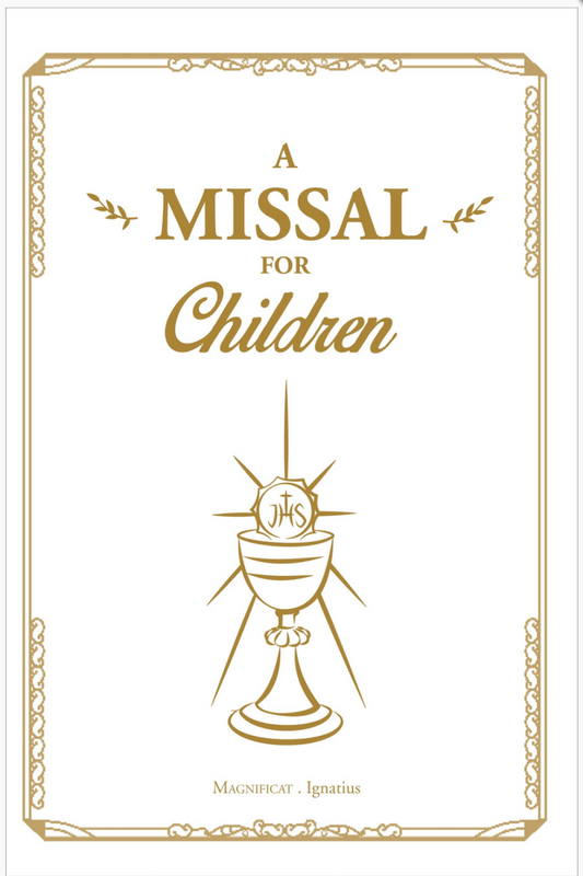 A missal for children with gold design and white background book cover