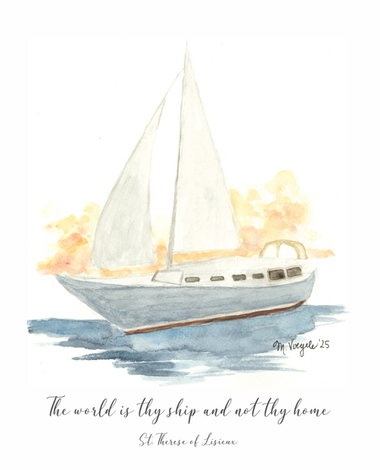 Sailing boat illustration with sunset and quote on a white background