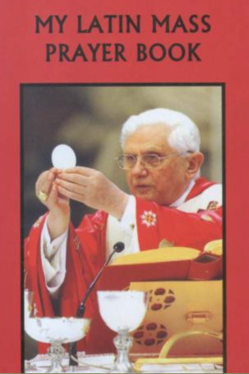 Book cover of 'My Latin Mass Prayer Book' featuring a priest in red holding Eucharist 