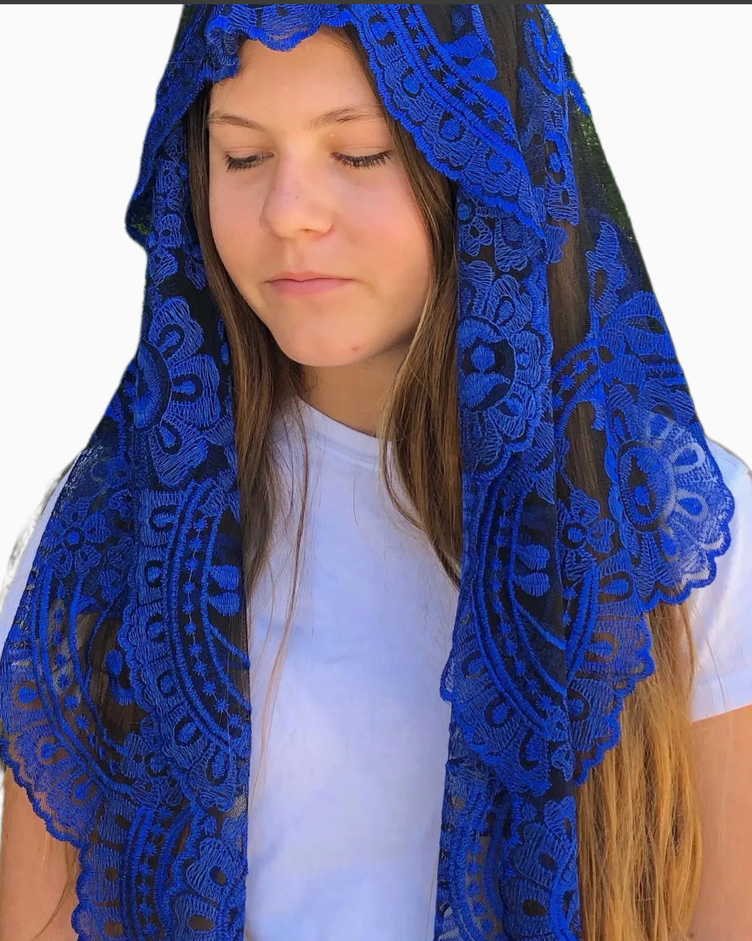 Woman wearing a blue lace veil on a white background