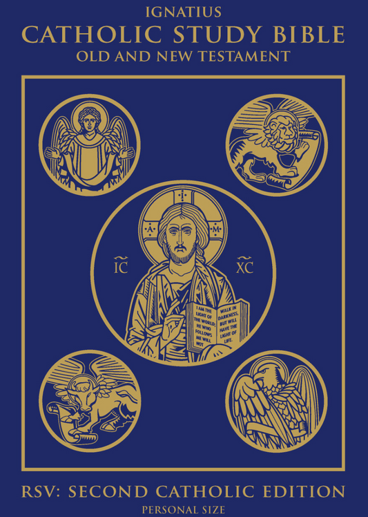 Cover of the Ignatius Catholic Study Bible with religious symbols on a blue background