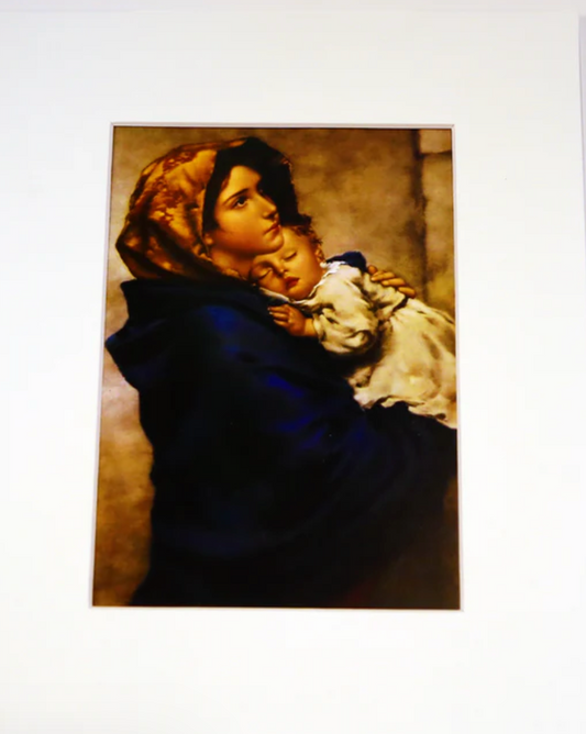 Vintage-style painting of a woman holding a child against a plain background