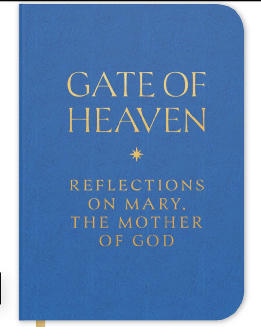 Blue book titled 'Gate of Heaven: Reflections on Mary, the Mother of God' with gold text.