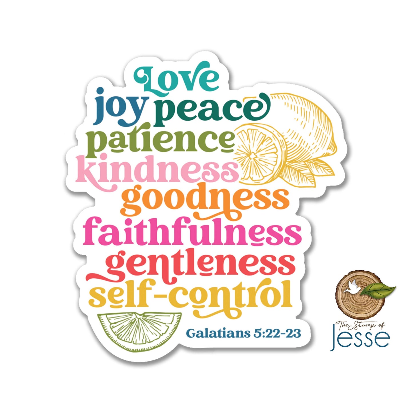 Decorative sticker with fruits of the Holy Spirit and a lemon illustration on a white background