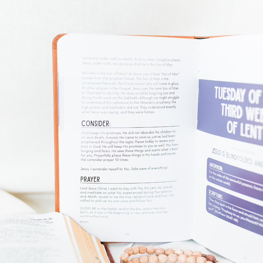 Open book with text and a prayer on a white background
