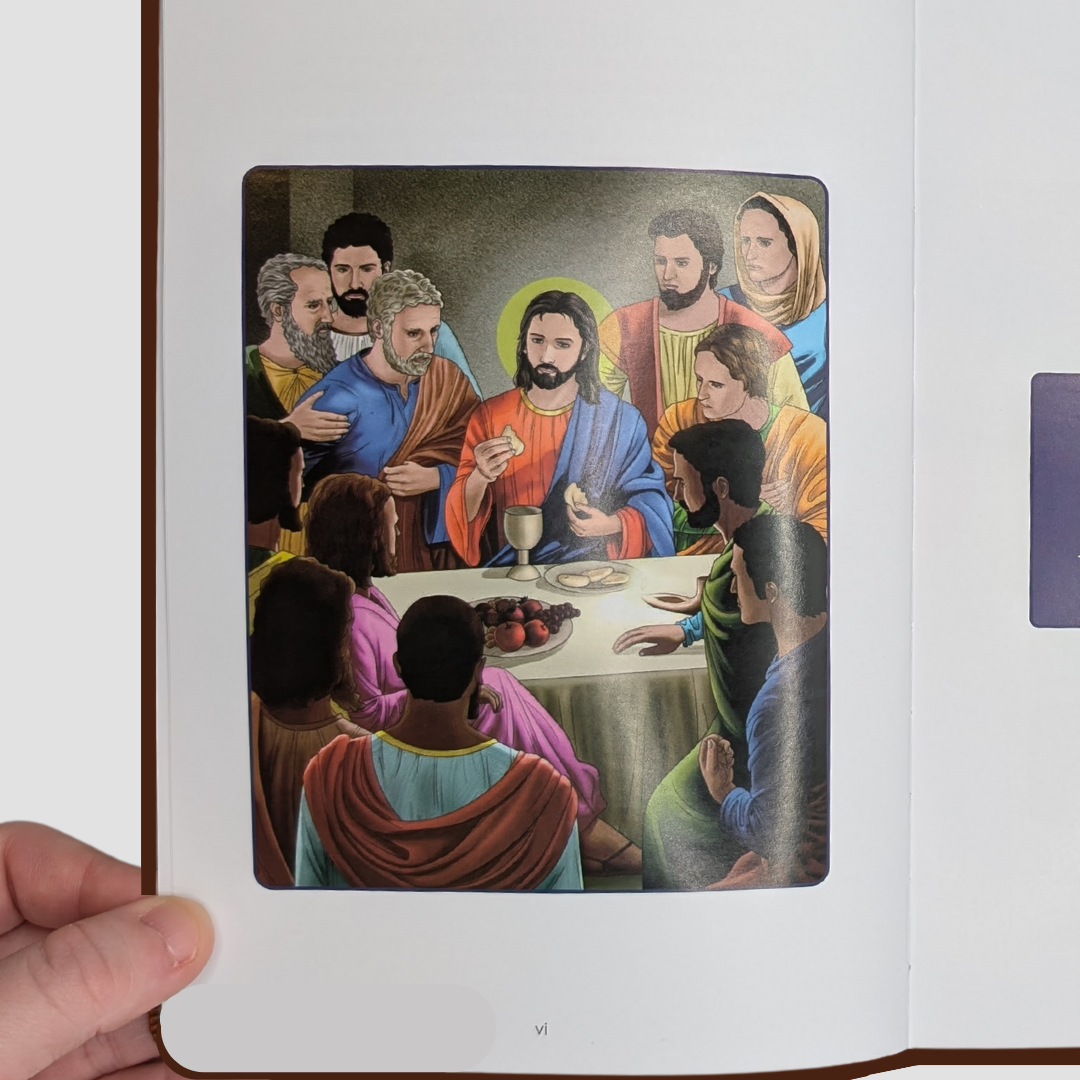 Illustration of a religious scene with figures around a table, held open by a hand.