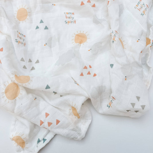 White fabric with sun and triangle patterns on a light gray background