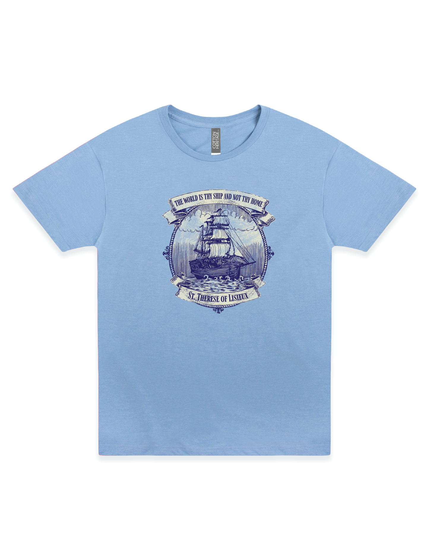 Light blue t-shirt with a ship graphic and text on a white background