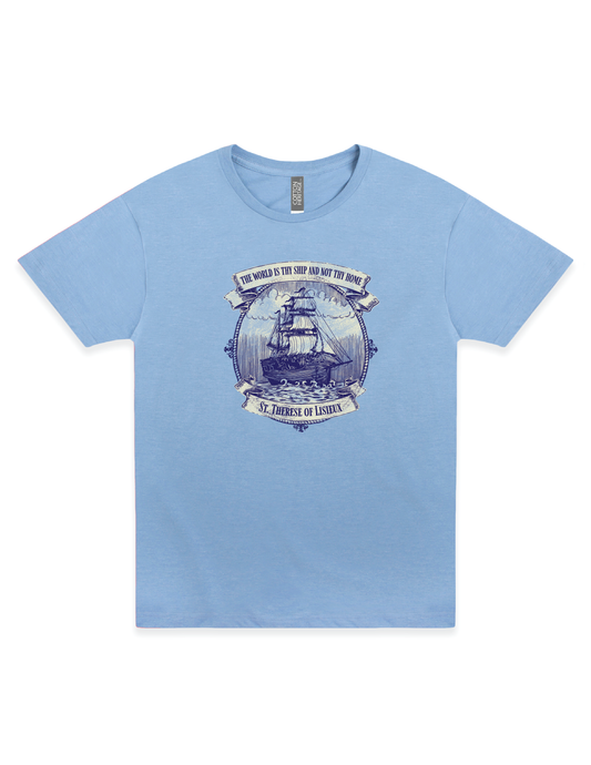Light blue t-shirt with a ship graphic and text on a white background