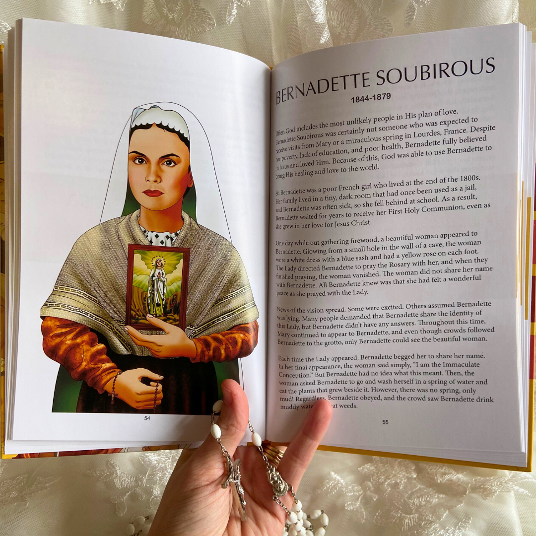 Open book with an illustration of Bernadette Soubirous and text, held by a hand with a rosary.
