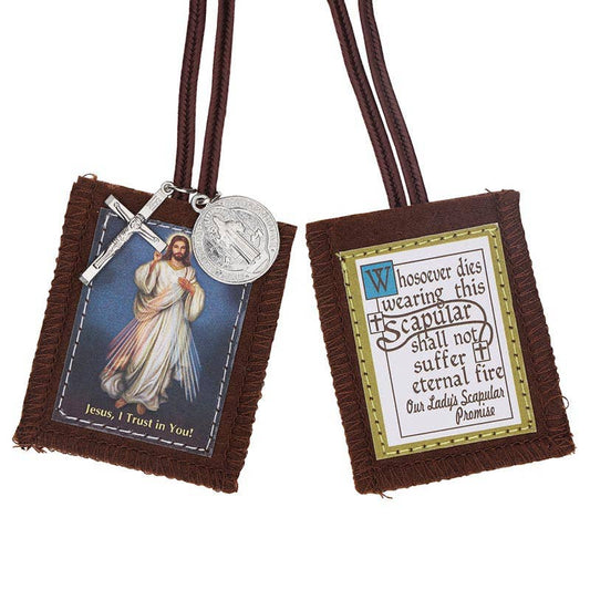 Brown scapular with Jesus image and our lady’s scapular promise with silver cross charm and Jesus medal.