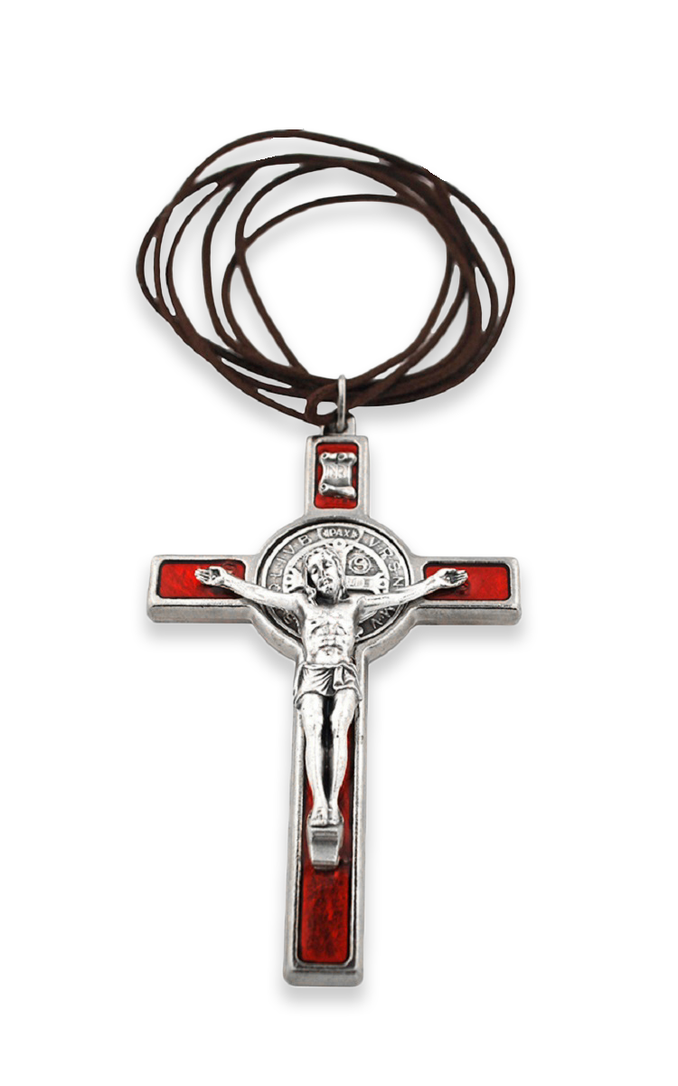 Silver-Tone St. Benedict Crucifix Pendant with Red Enamel
