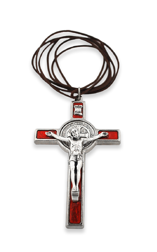 Silver-Tone St. Benedict Crucifix Pendant with Red Enamel