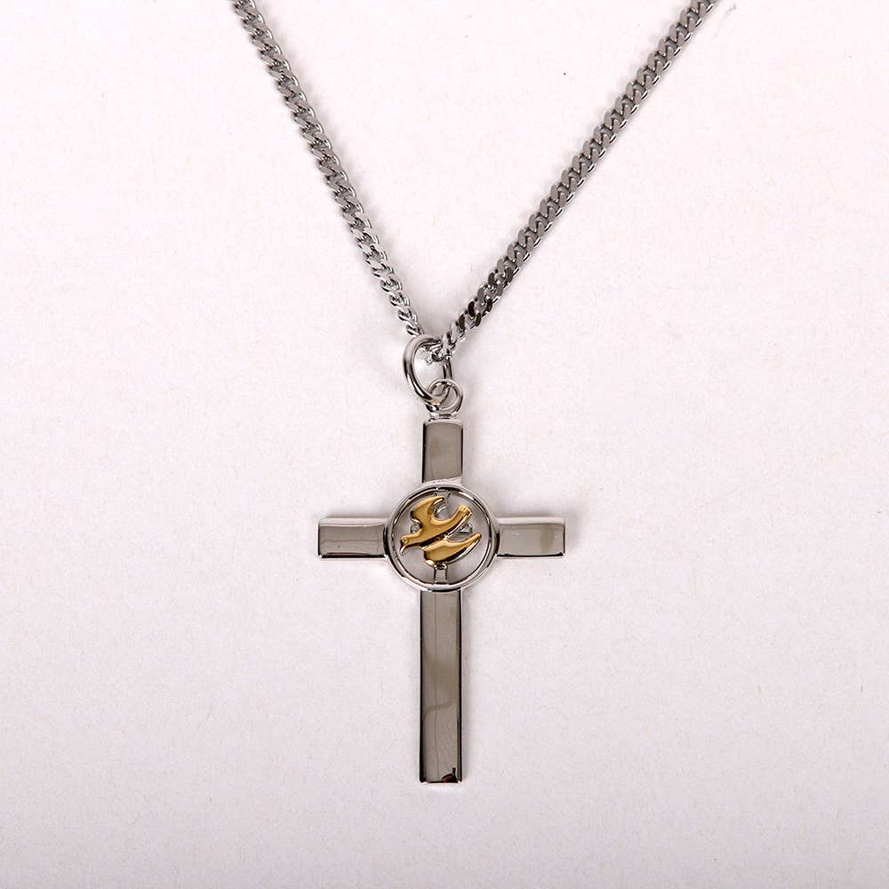 Silver cross necklace with a central emblem on a white background