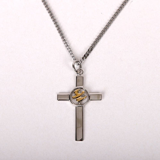 Silver cross necklace with a central emblem on a white background