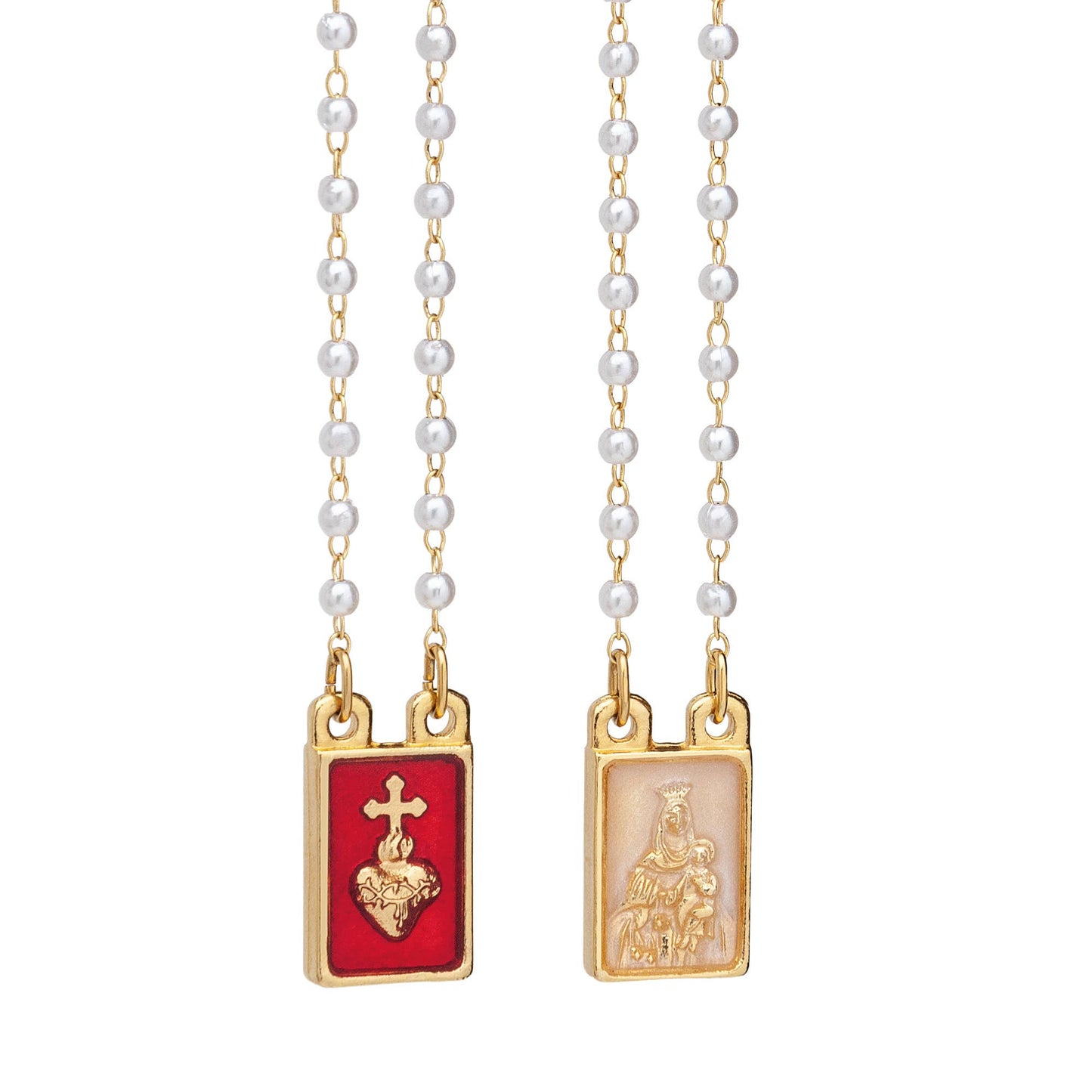 Lady's Scapular- Sacred Heart + Lady Mt. Carmel Pearl Beads 