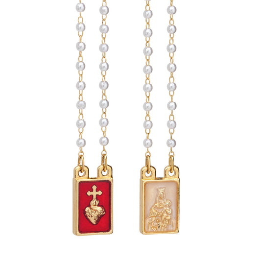Lady's Scapular- Sacred Heart + Lady Mt. Carmel Pearl Beads 