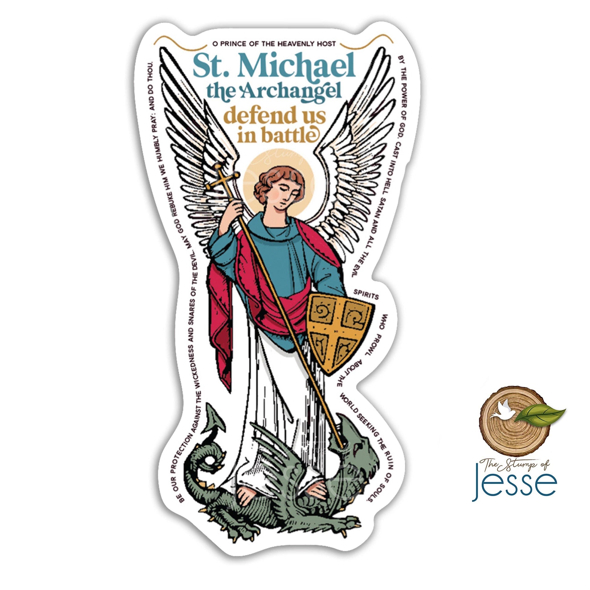 Sticker of St. Michael the Archangel with a dragon, featuring text and the logo of 'The House of Jesse'.