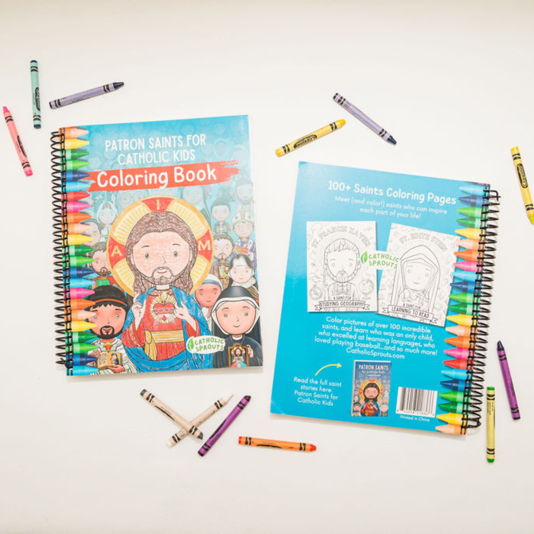 Two coloring books titled 'Patron Saints for Catholic Kids' with crayons on a white background