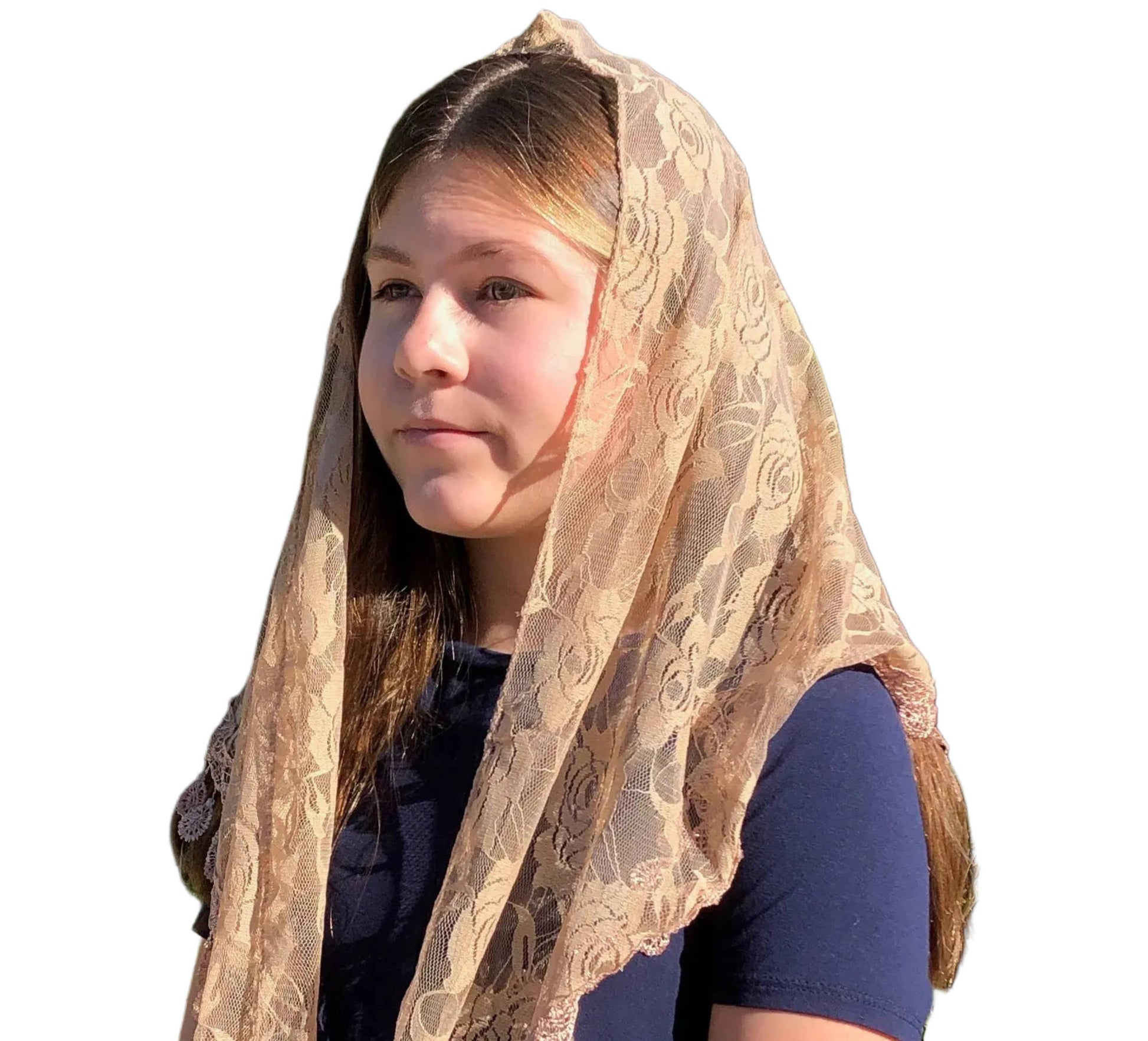 Woman wearing a beige lace veil on a white background