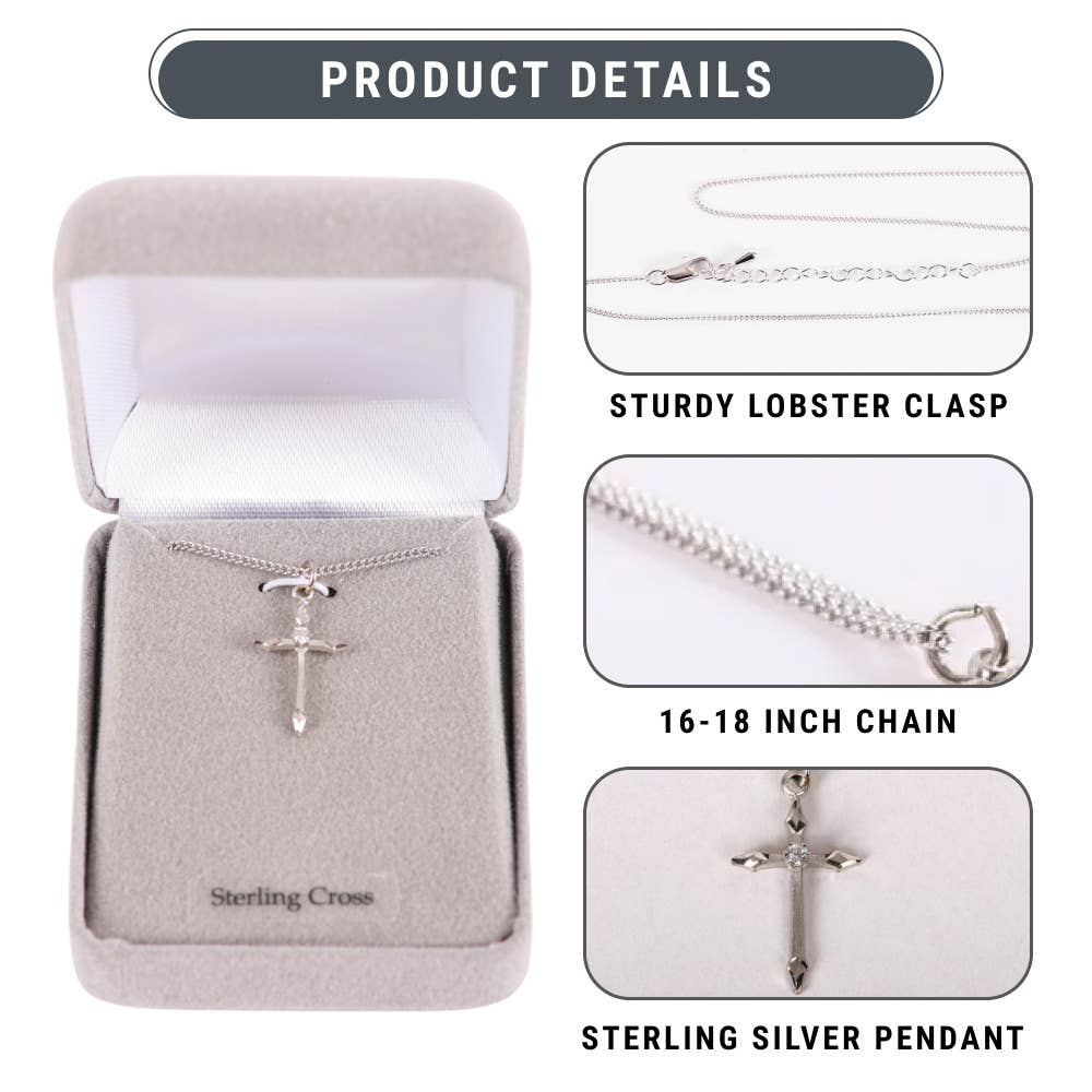 Necklace Cross Stone SS 16-18" Platinum Plated Brass Chain