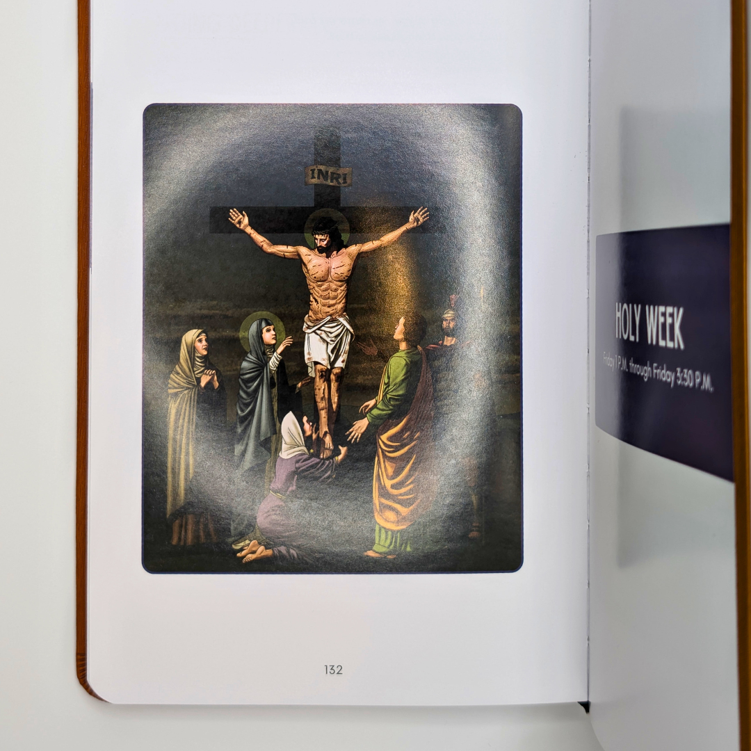 Illustration of Jesus on the cross with mourners, from a book.