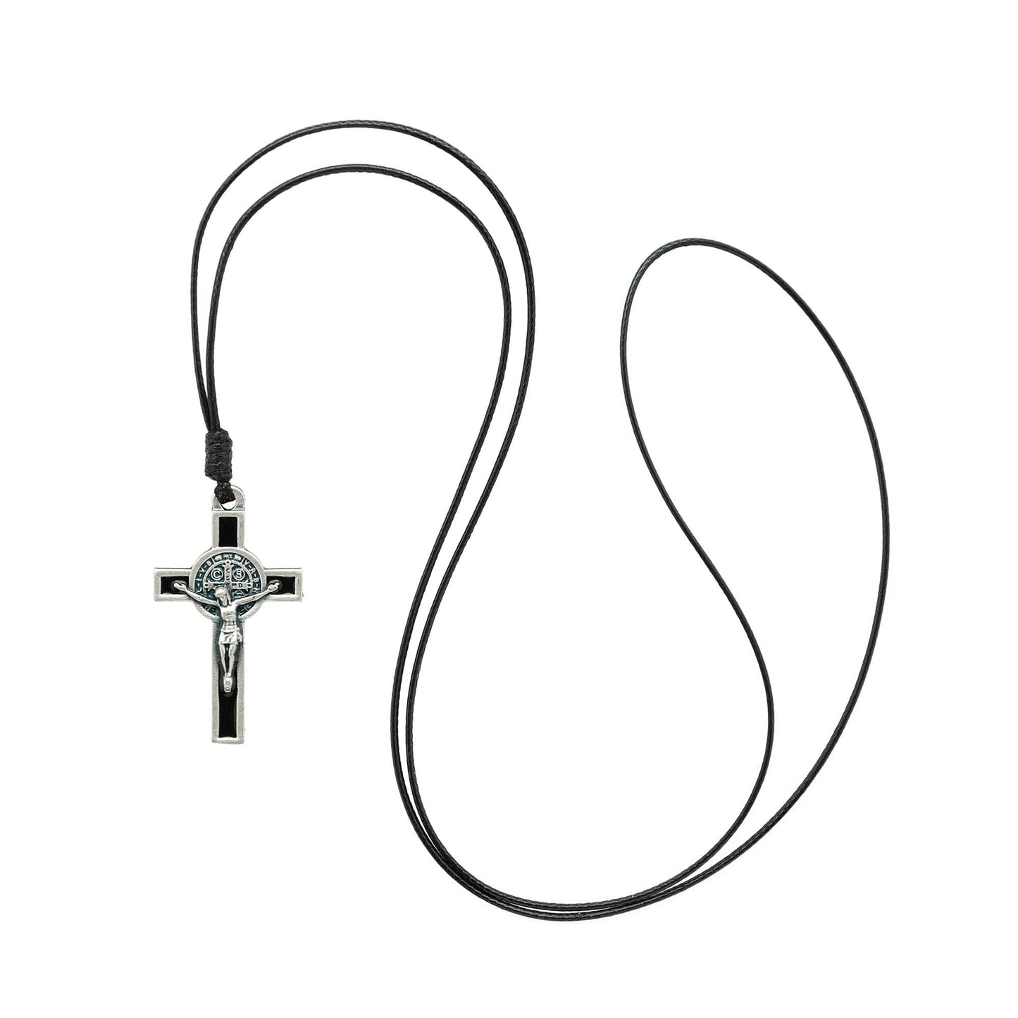 Black cord necklace with a silver cross pendant on a white background
