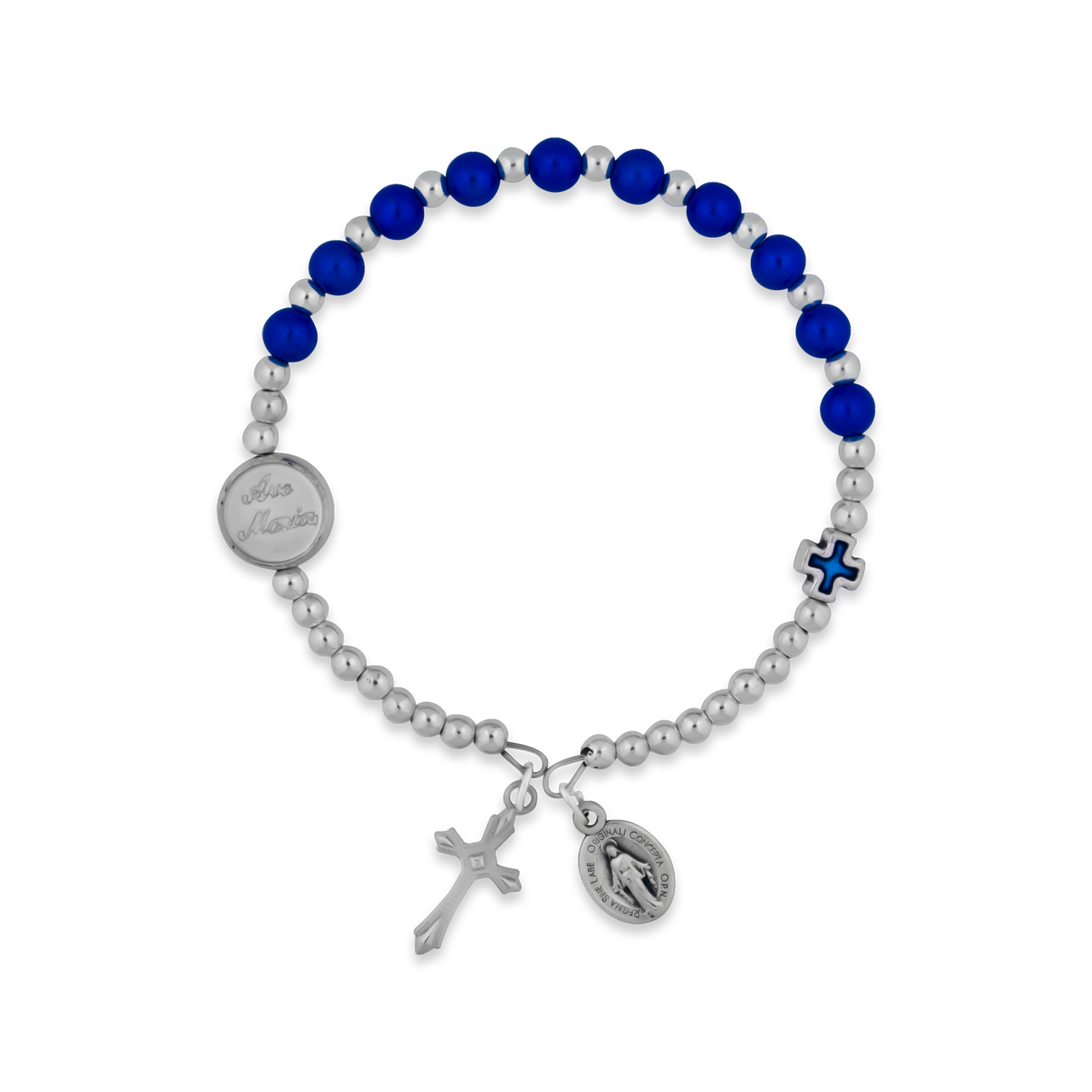 Bracelet with blue beads and silver charms on a white background
