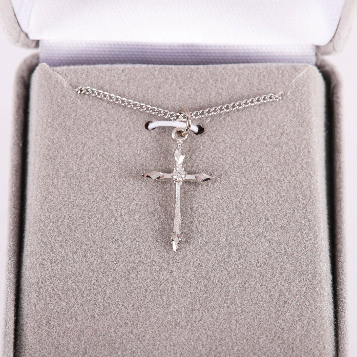 Necklace Cross Stone SS 16-18" Platinum Plated Brass Chain