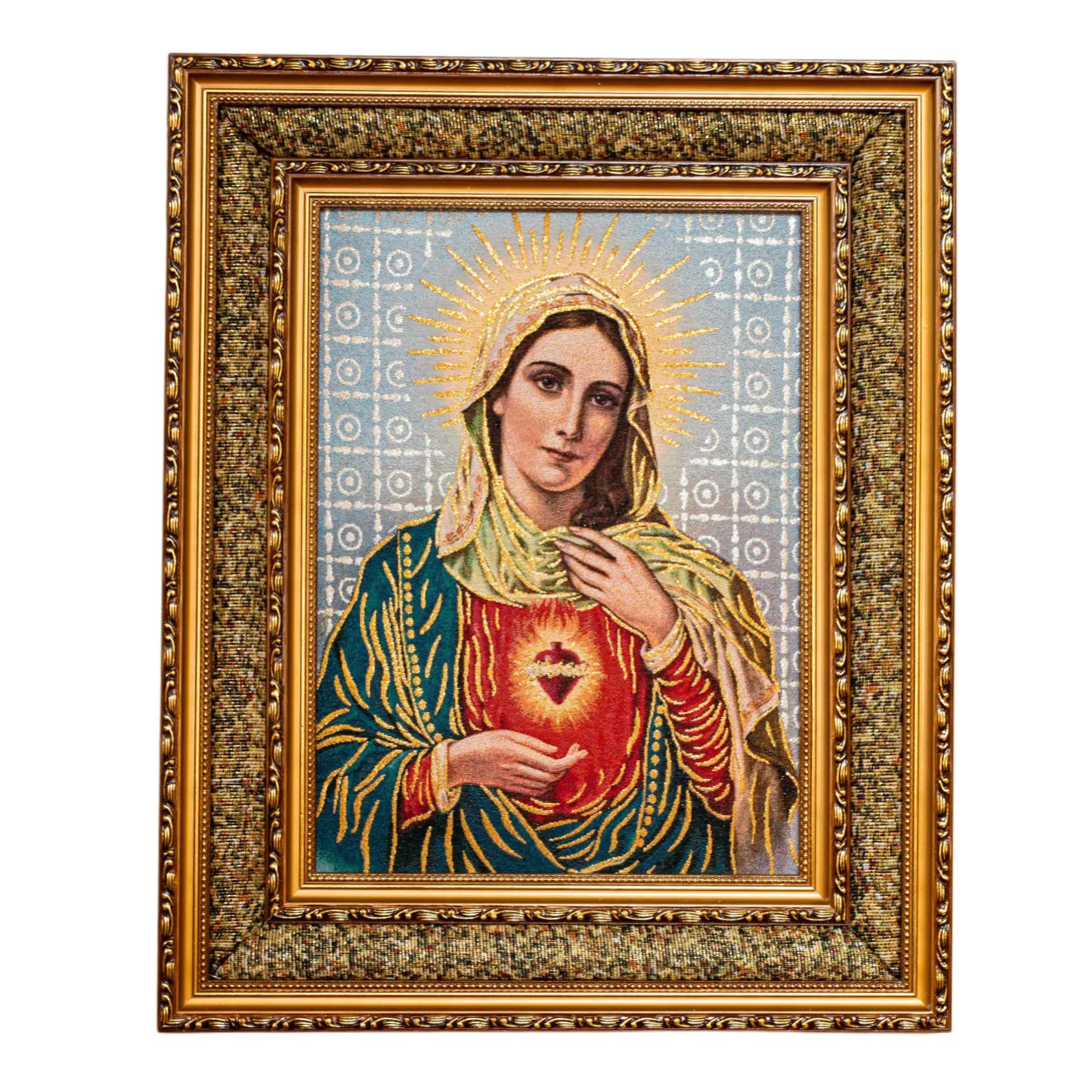 Framed artwork of the Immaculate Heart of Mary with a gold frame