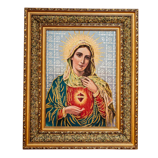 Framed artwork of the Immaculate Heart of Mary with a gold frame