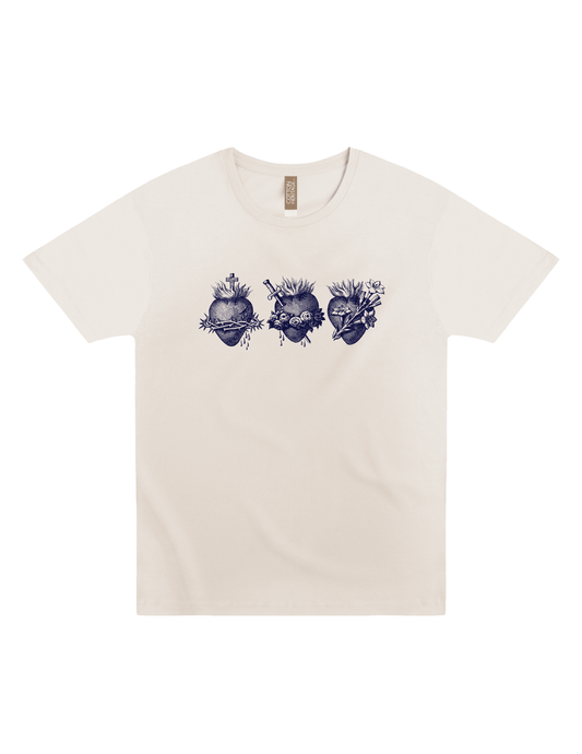 White t-shirt with hearts designs on a white background