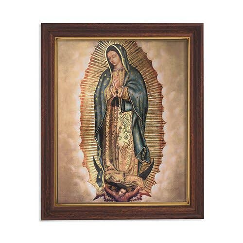Framed artwork of a religious figure with a brown frame on a white background