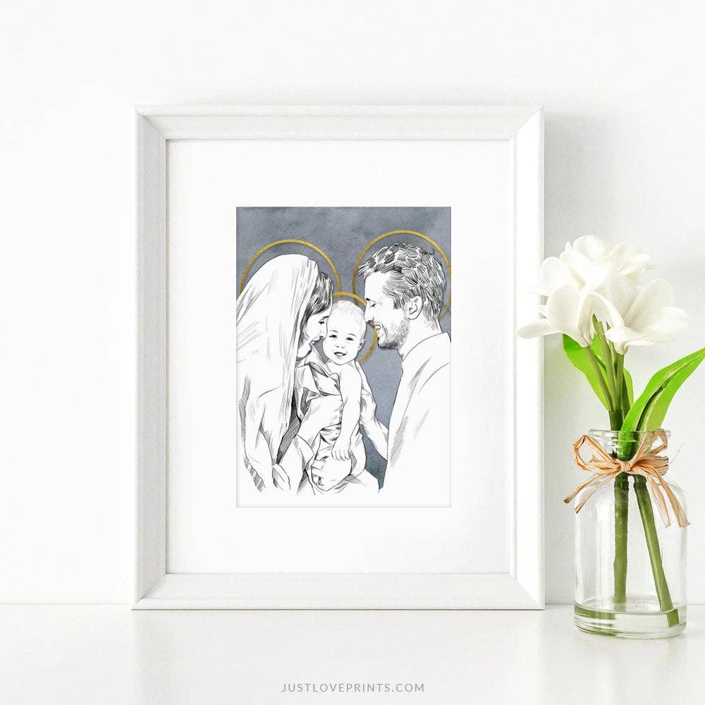Framed artwork of a child and angel with a vase of white tulips on a white surface.