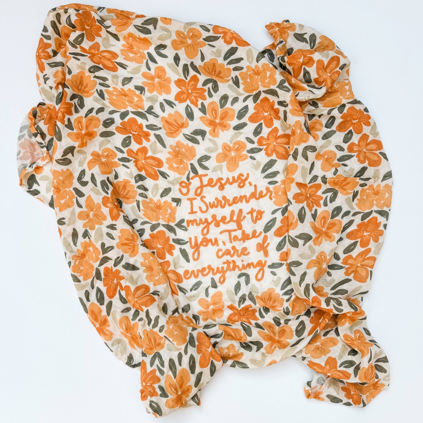 Floral-patterned fabric with text on a white background