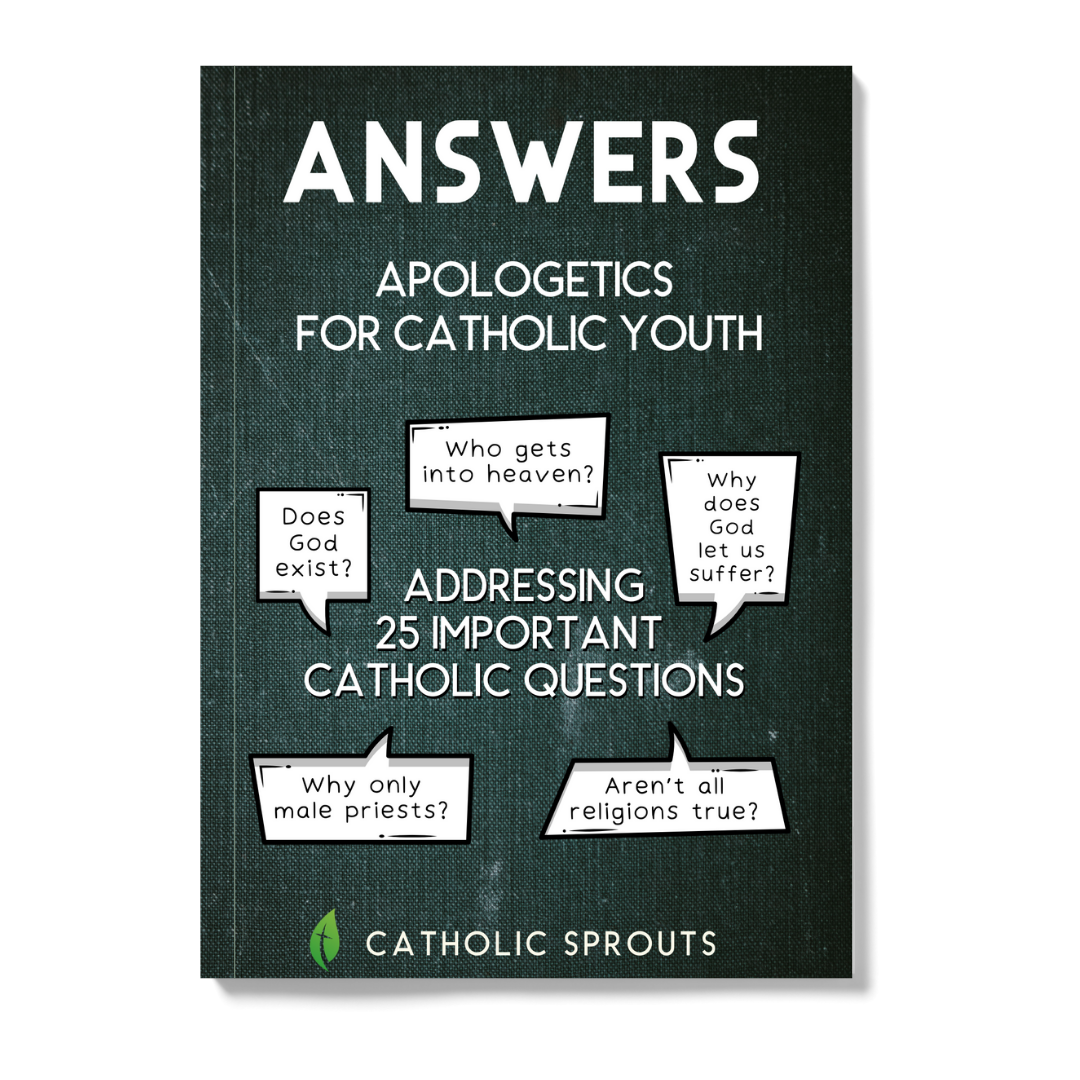 Book cover of 'Answers: Apologetics for Catholic Youth' with text and question bubbles on a dark background.