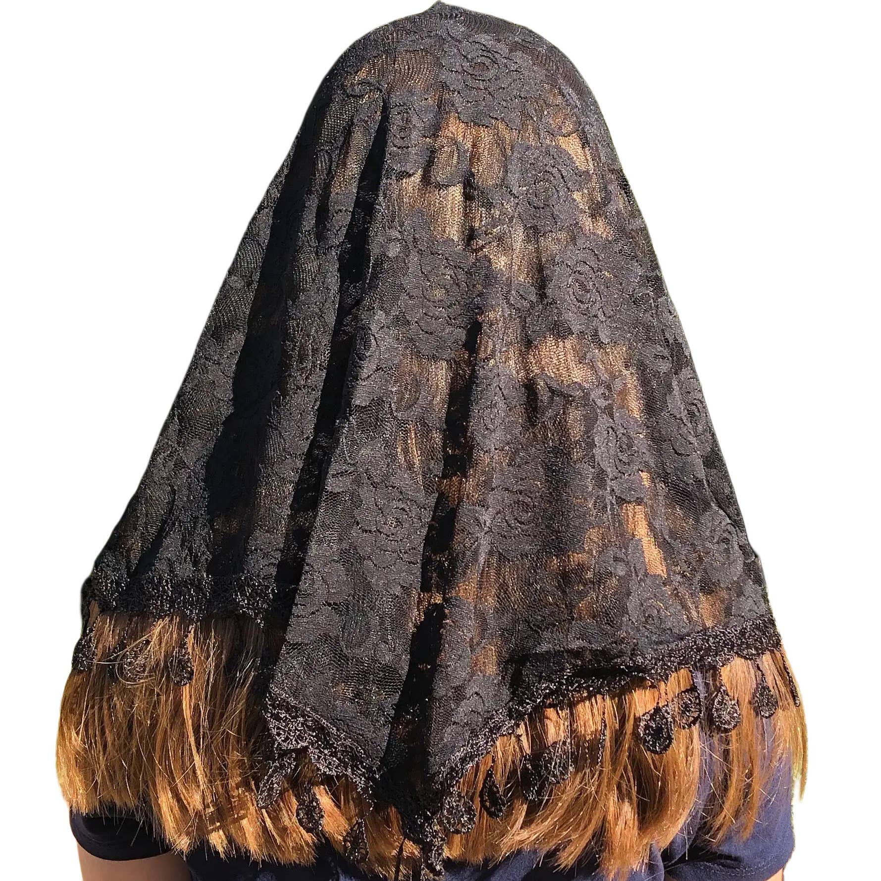 Black lace veil with brown trim on a white background