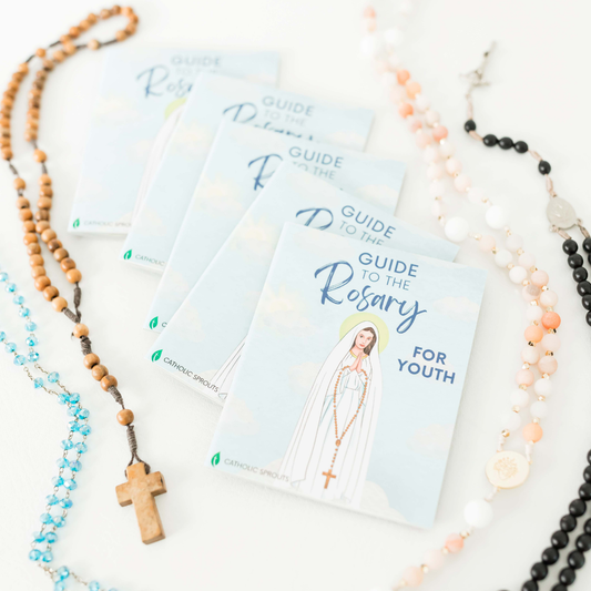 Guide to the Rosary for youth with rosary beads on a white background
